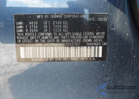 2020 Subaru Legacy from USA, damaged, VIN 4S3BWAB69L3025707